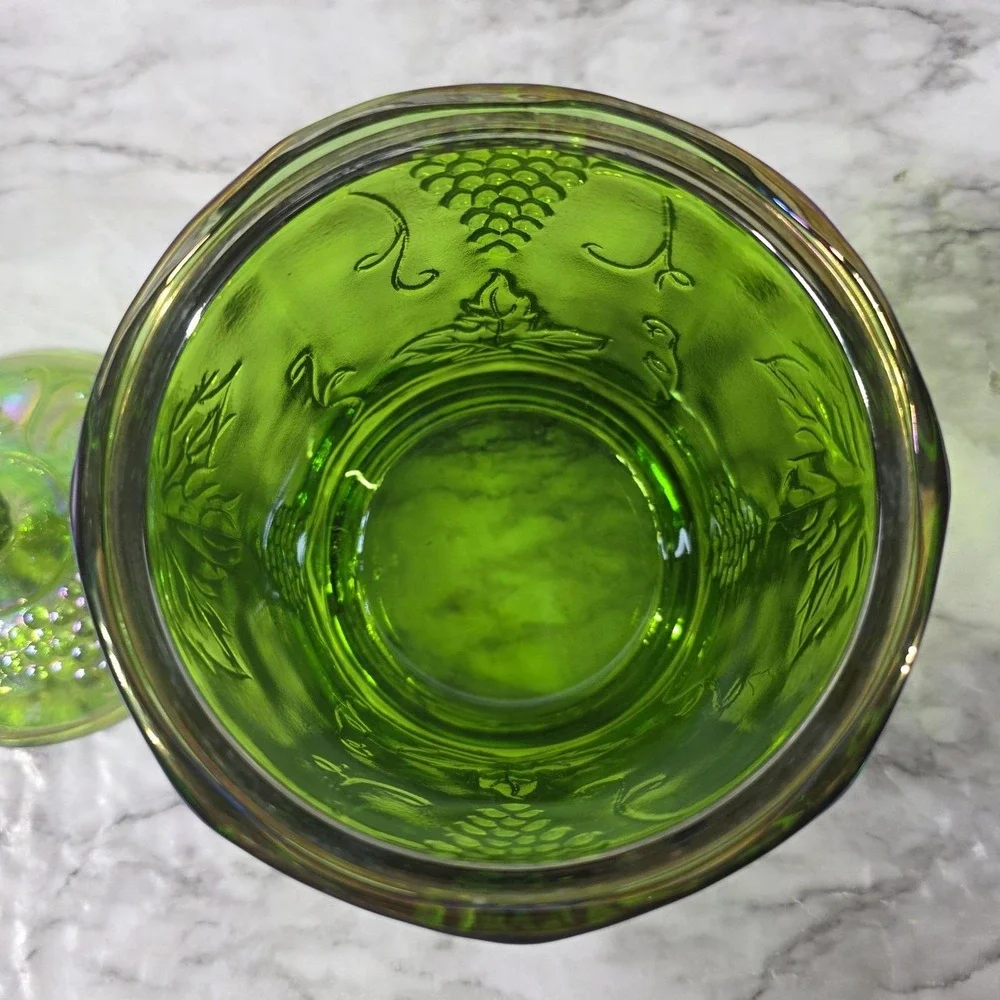 Indiana Glass Green Iridescent Carnival Glass Harvest Grape Canister w/Lid